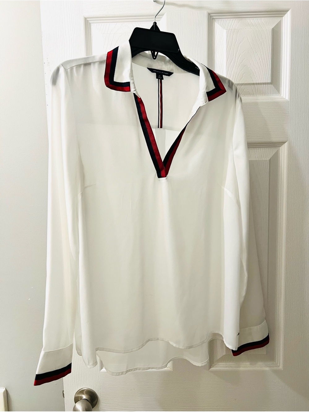 Tommy Hilfiger White Long-Sleeve Blouse with Red & Black Trim